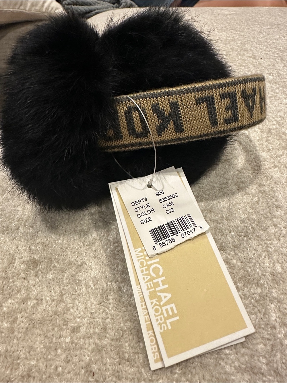 Michael Kors Black Faux Fur Ear Muffs with Gold Logo Knit Headband